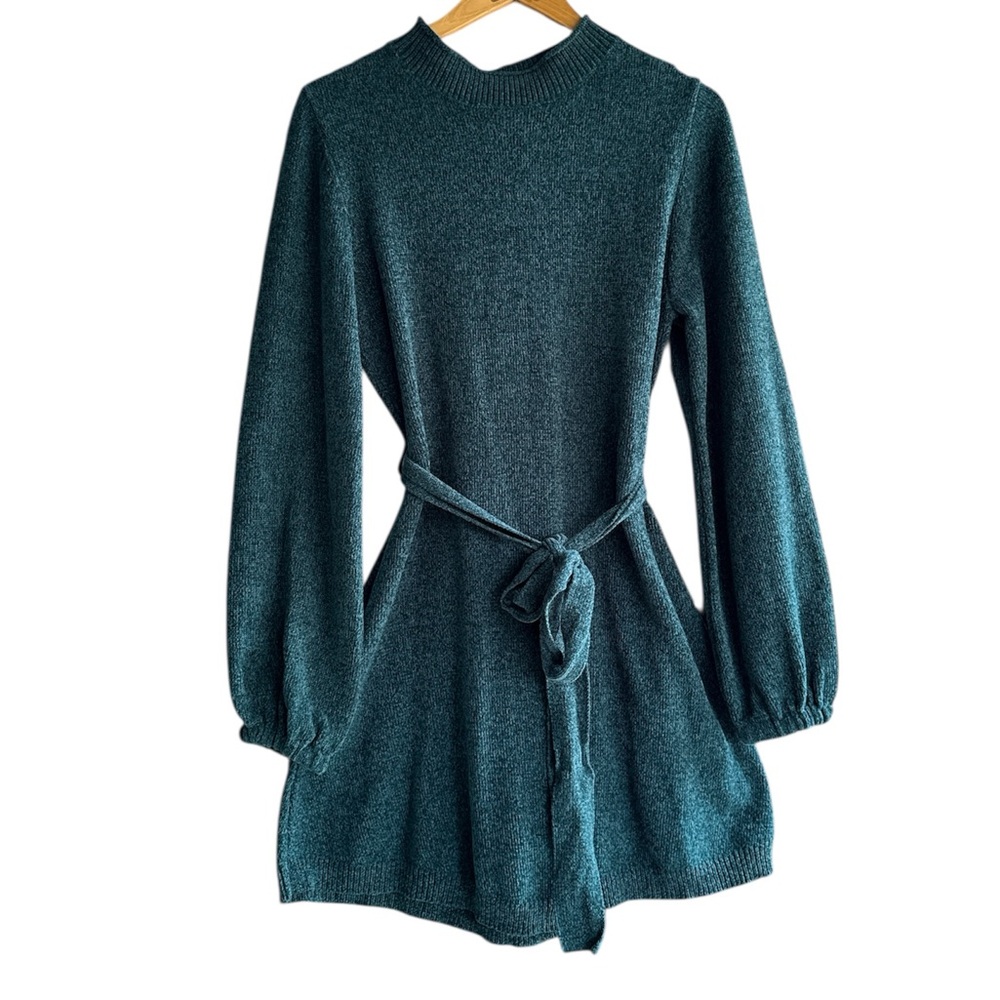 Green/Teal Mock Neck Bishop Sleeve Sweater Dress